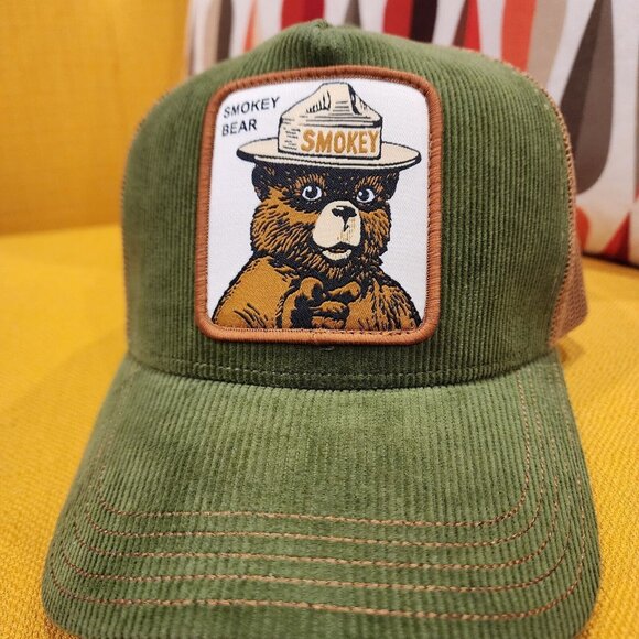 Smokey Bear Corduroy Smokey Patch Snap Back Trucker Hat Green Baseball Cap NEW - Picture 3 of 10